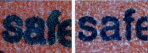 IMAGE 2: This image shows before and after of black text printed on a red background at 50x magnification. The left side was printed on E-flute, but was barely readable. The cleaner, crisper image on the riht side was printed on B-flute, using patented analog plate technology. 